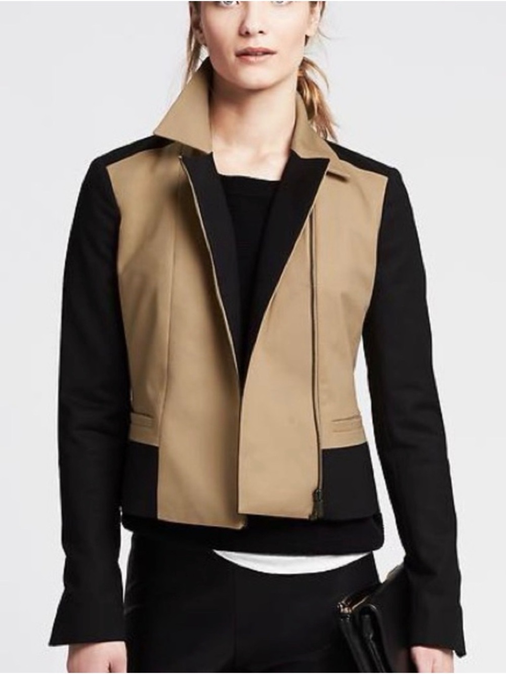 Banana Republic Colorblock Moto Jacket Asymmetrical Zip Tan Black Size 14 Stretc